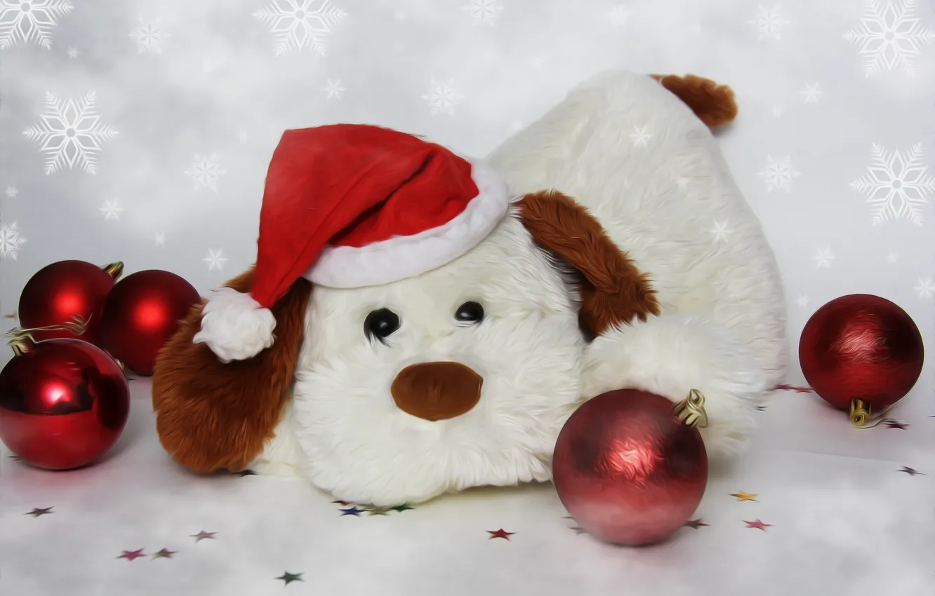 Фото обои шары, игрушка, собака, новогоднее настроение