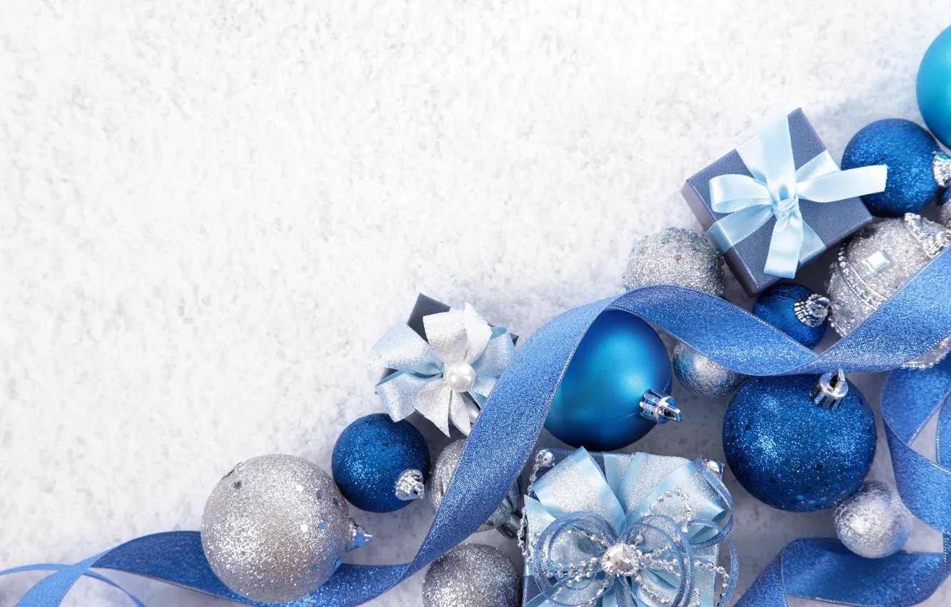 Фото обои синий, ленты, новогодние украшения, новогодние игрушки, подарочки