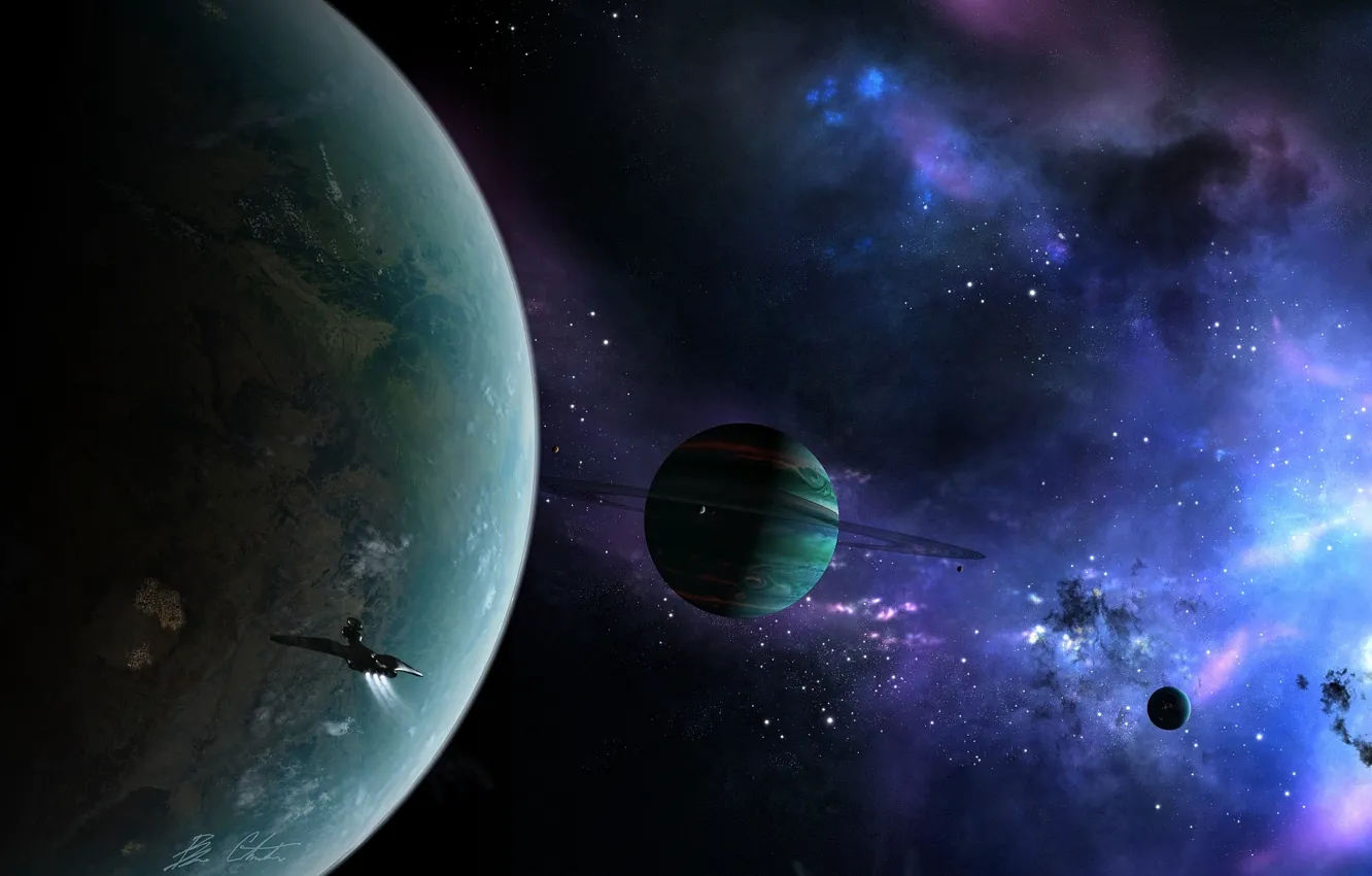 Фото обои космос, туманность, планеты, корабль, кольца, regulus36