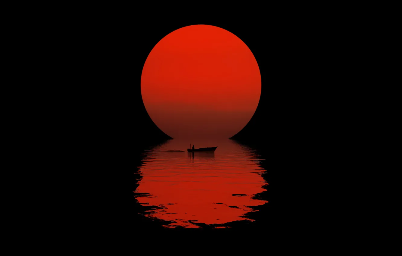 Фото обои солнце, ночь, отражение, лодка, силуэт, черный фон, night, sun