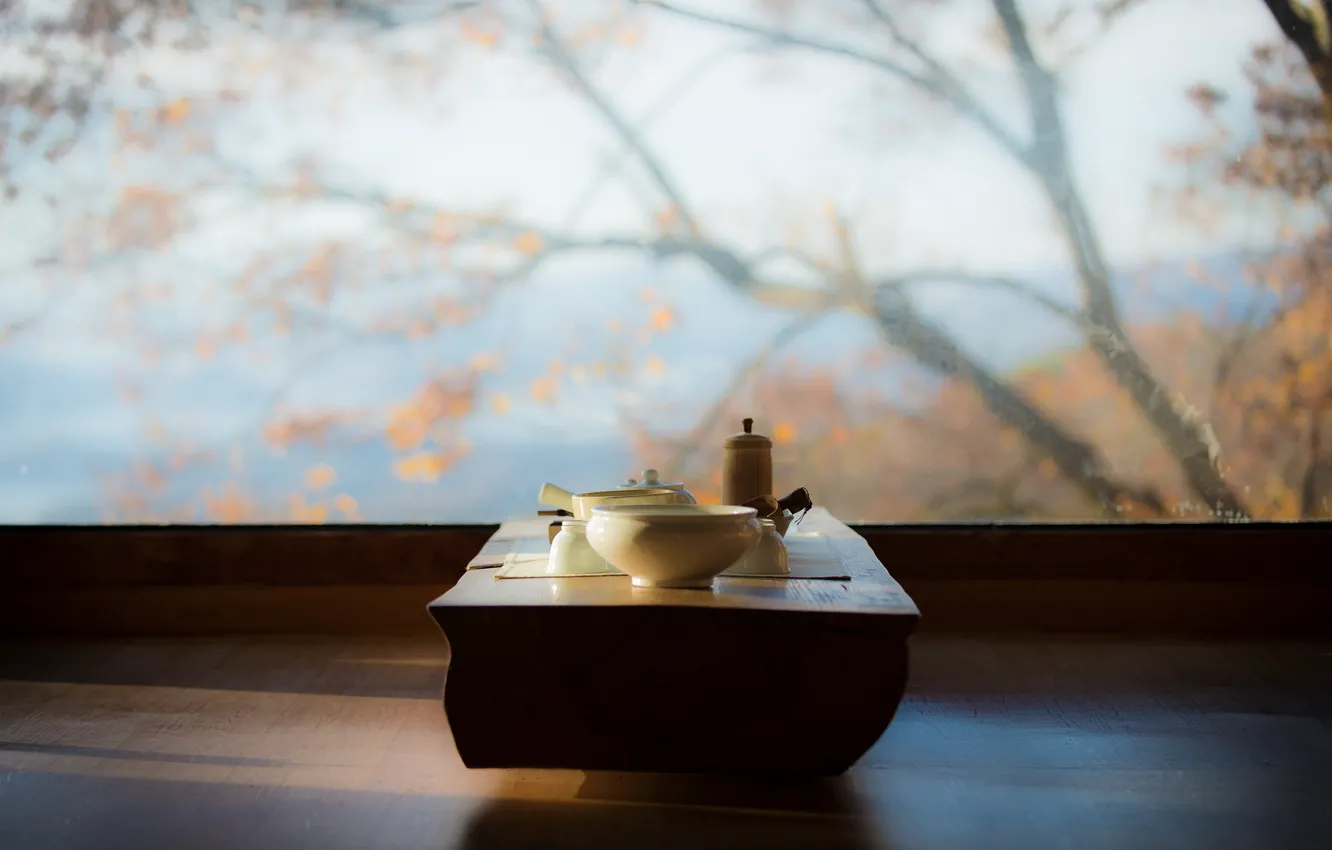 Фото обои стол, чай, интерьер, окно