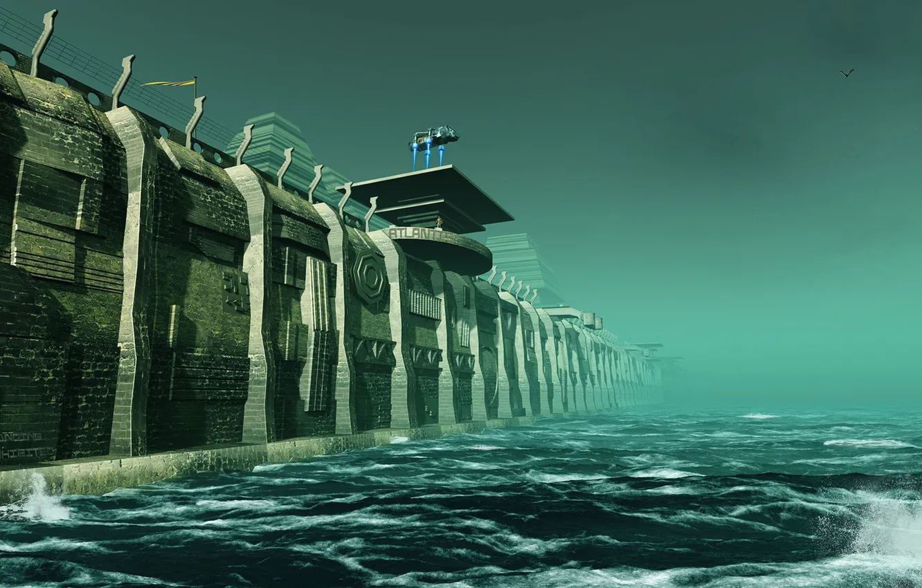 Фото обои волны, стена, сооружение, аппарат, Wall of Atlantis
