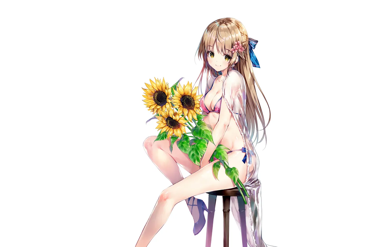 Фото обои girl, sexy, cleavage, long hair, legs, boobs, anime, flowers