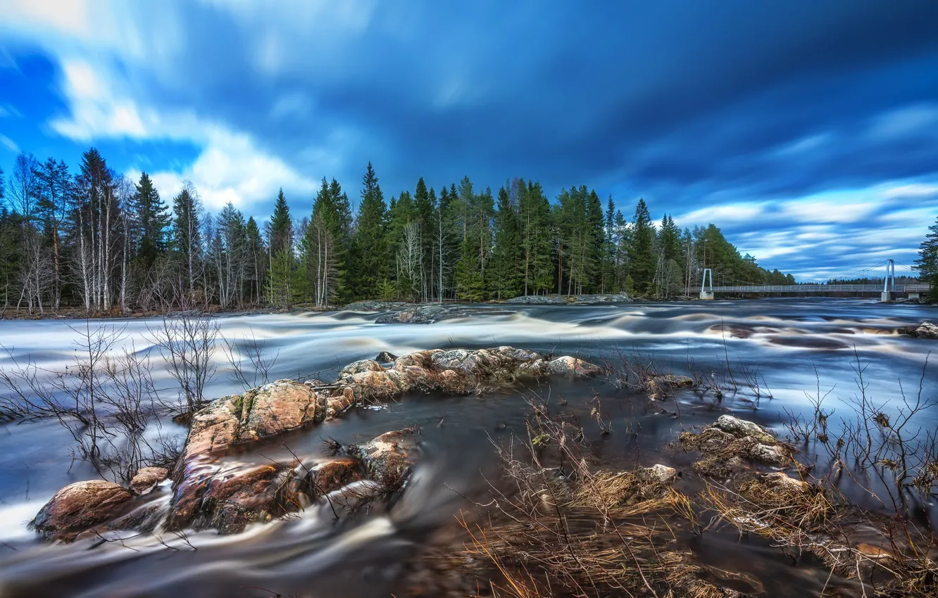 Фото обои river, bridge, rocks, Finland, long exposure, Springtime flood