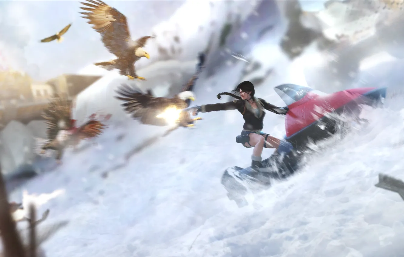 Фото обои девушка, снег, птицы, lara croft, орлы, tomb raider, снегоход, tibet
