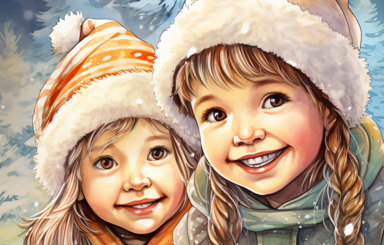 Фото обои Зима, Улыбка, Рождество, Новый год, Елка, Двое, Девочки, Радость