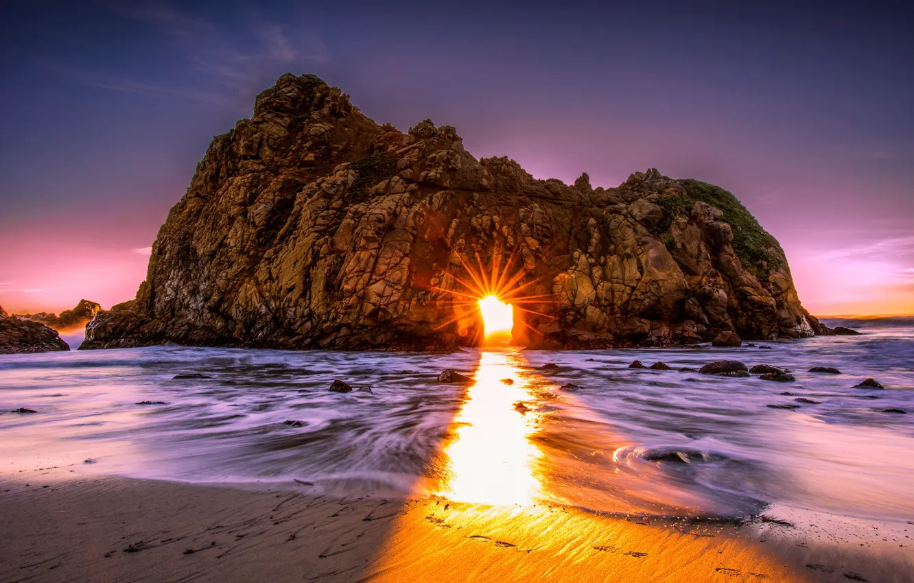 Фото обои море, пляж, камни, скалы, рассвет, берег, Калифорния, арка