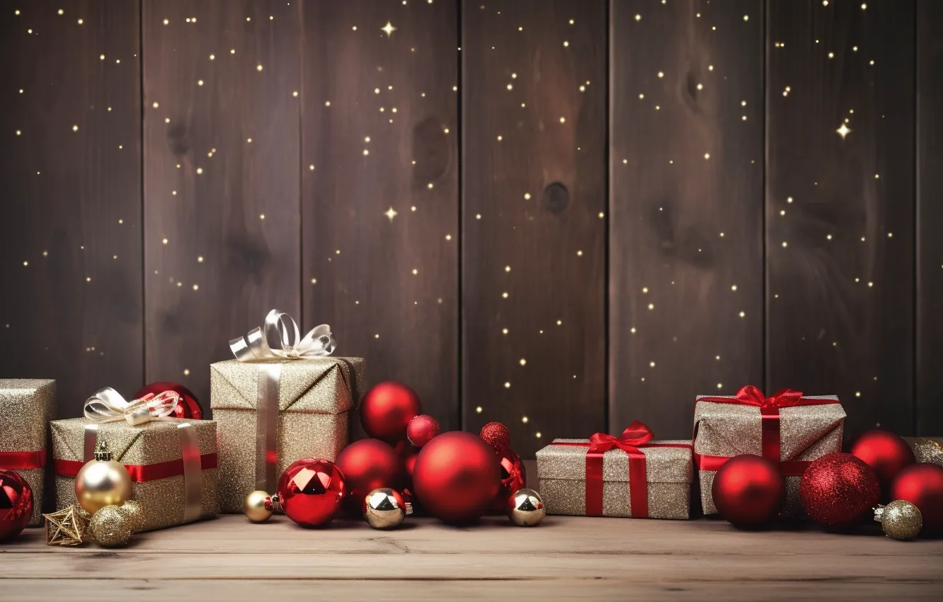 Фото обои украшения, шары, Новый Год, Рождество, подарки, red, golden, new year