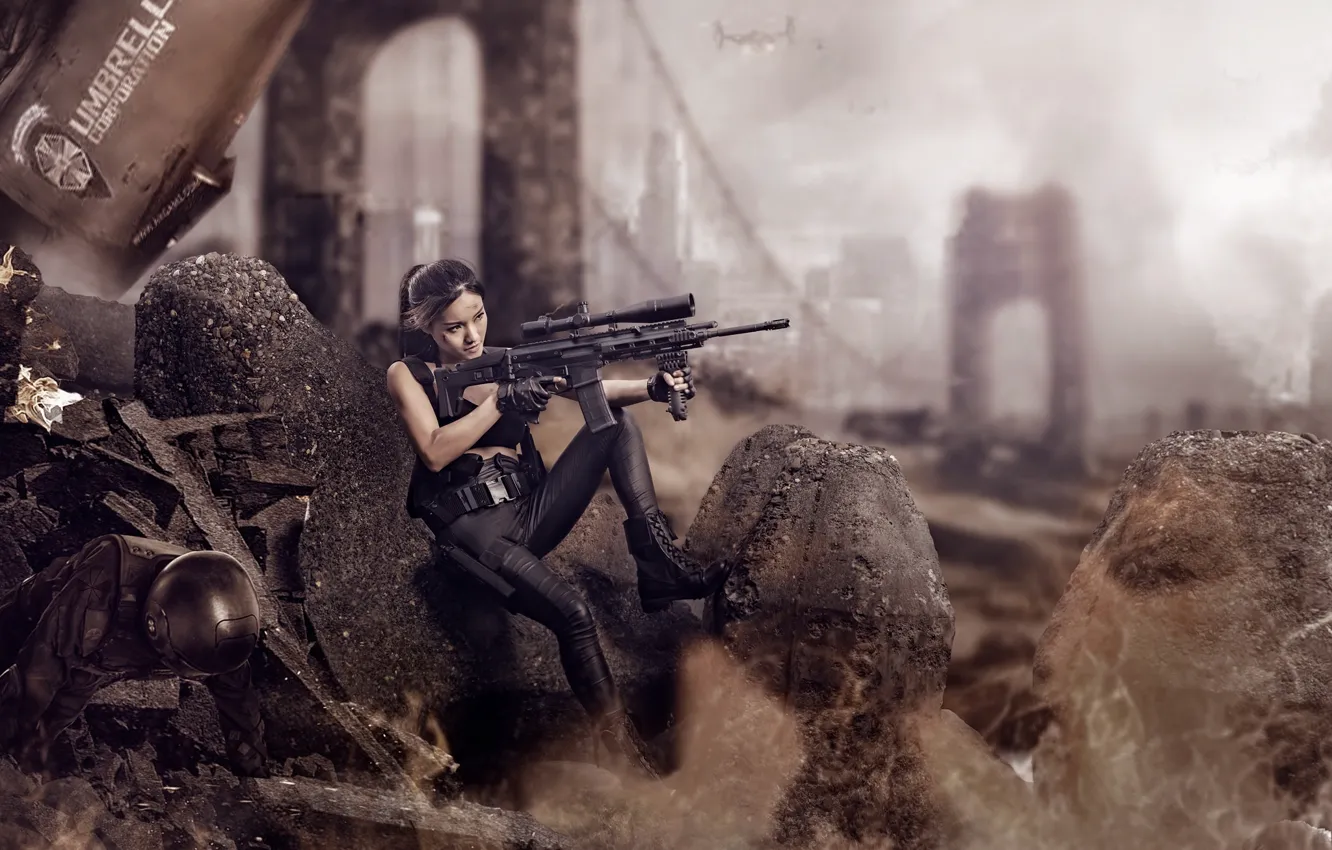 Фото обои девушка, оружие, руины