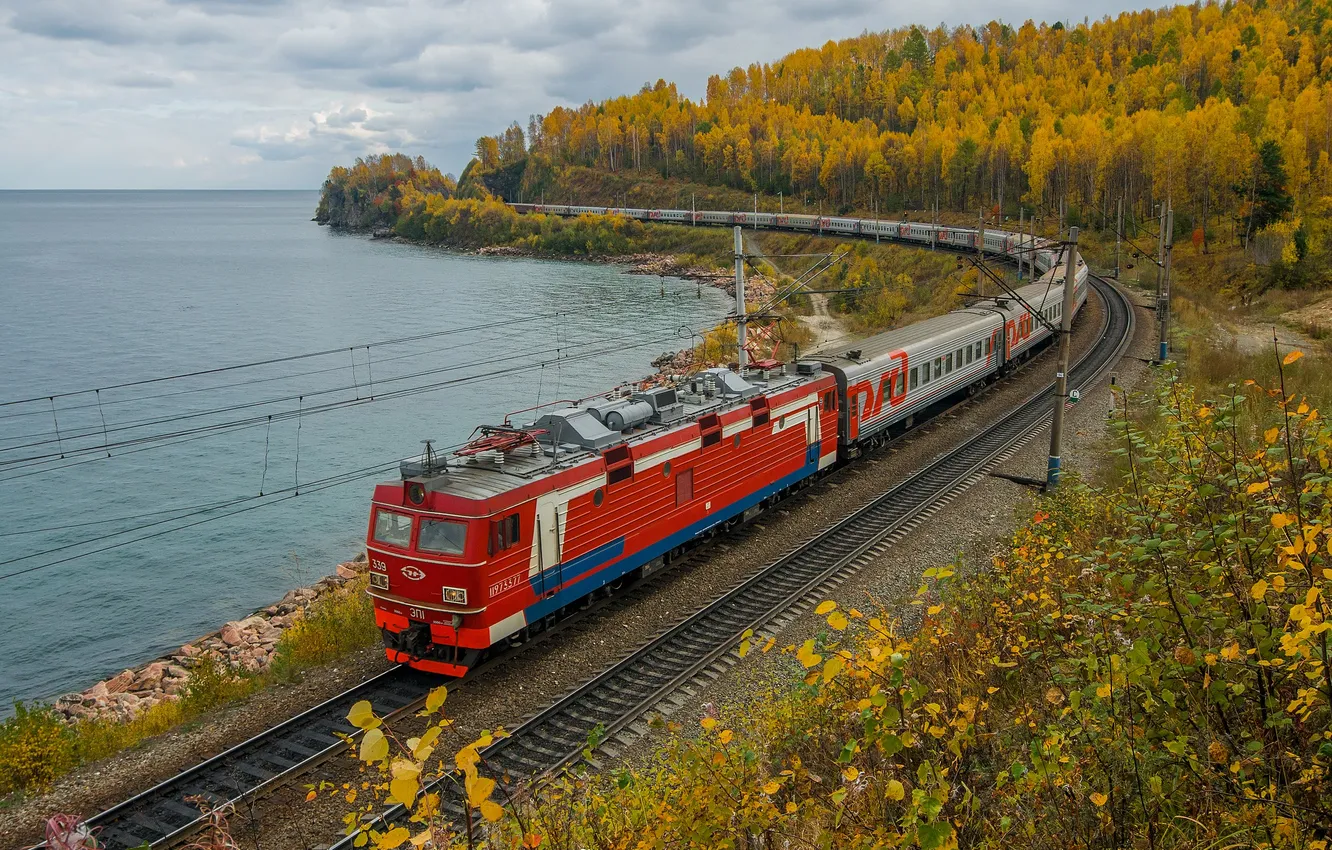 Фото обои осень, лес, небо, вода, облака, пейзаж, озеро, поезд