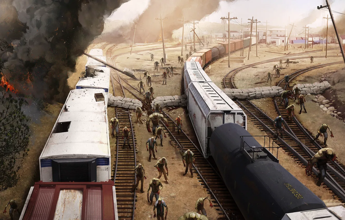 Фото обои пожар, дым, вагоны, зомби, железная дорога, состав, region screen junction