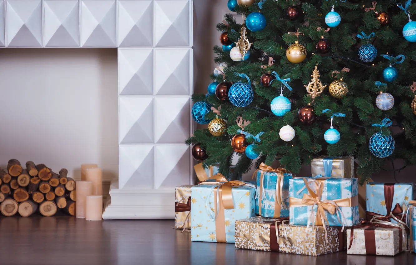 Фото обои украшения, комната, игрушки, елка, Новый Год, Рождество, подарки, white