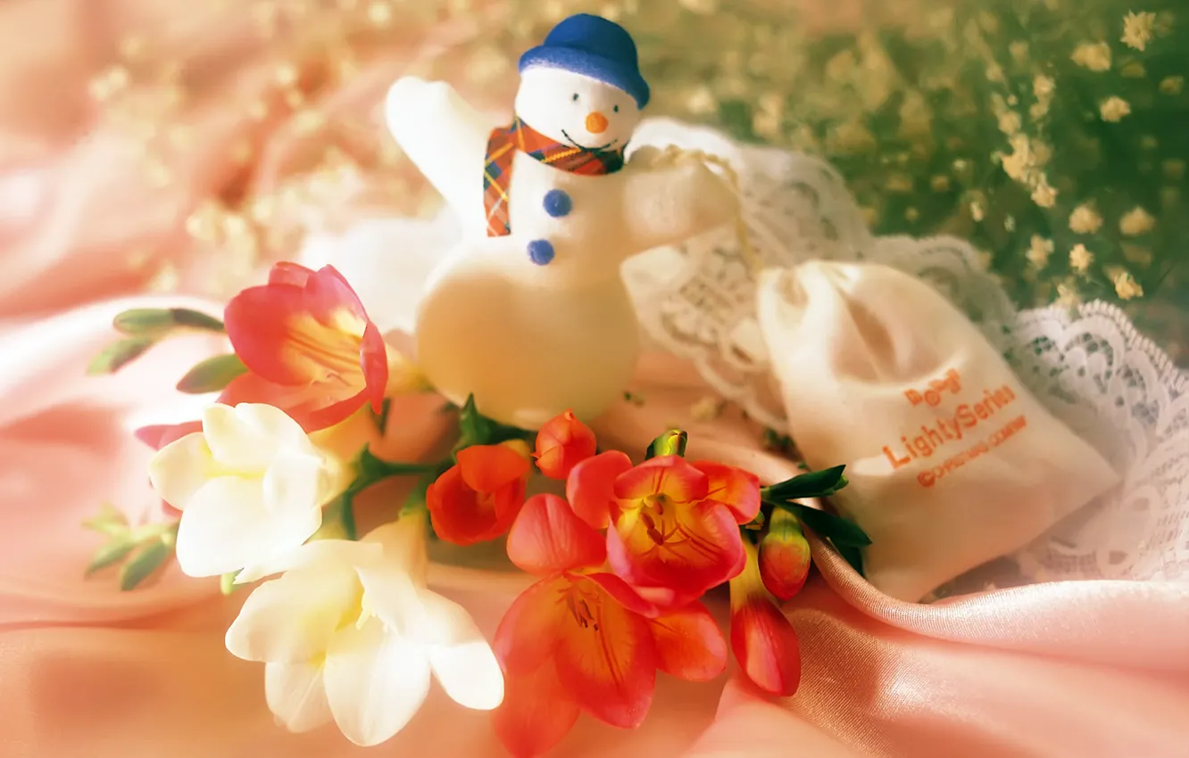 Фото обои цветы, новый год, снеговик