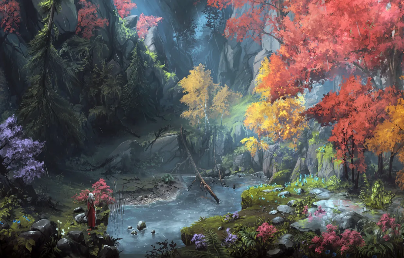 Фото обои sword, forest, river, rain, trees, landscape, weapon, nature