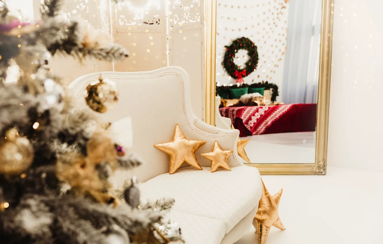 Фото обои зима, звезды, комната, праздник, игрушки, Рождество, Новый год, новогодние украшения