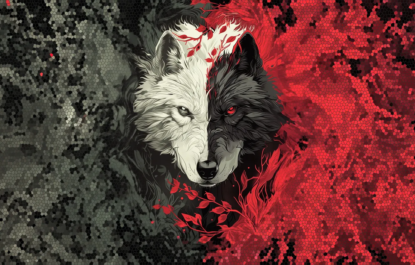 Фото обои wolf, black and white, abstraction, head