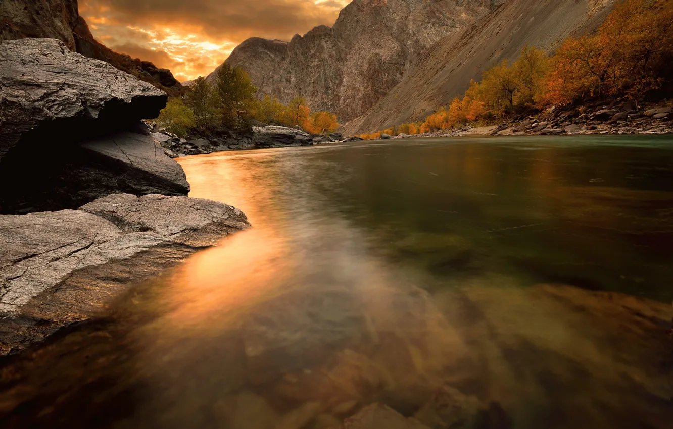 Фото обои осень, река, Алтай