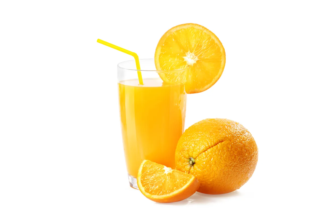 Фото обои бокал, апельсин, сок, трубочка, ломти