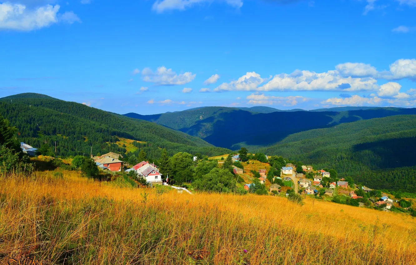 Фото обои Дома, Поле, Деревня, Холмы, Village, Field