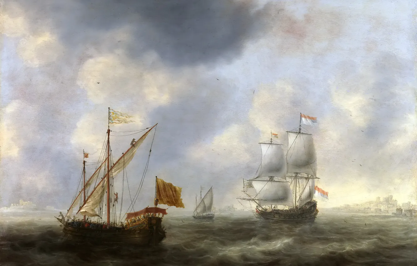 Фото обои море, волны, корабль, картина, флаг, парус, морской пейзаж, Jacob Adriaensz Bellevois
