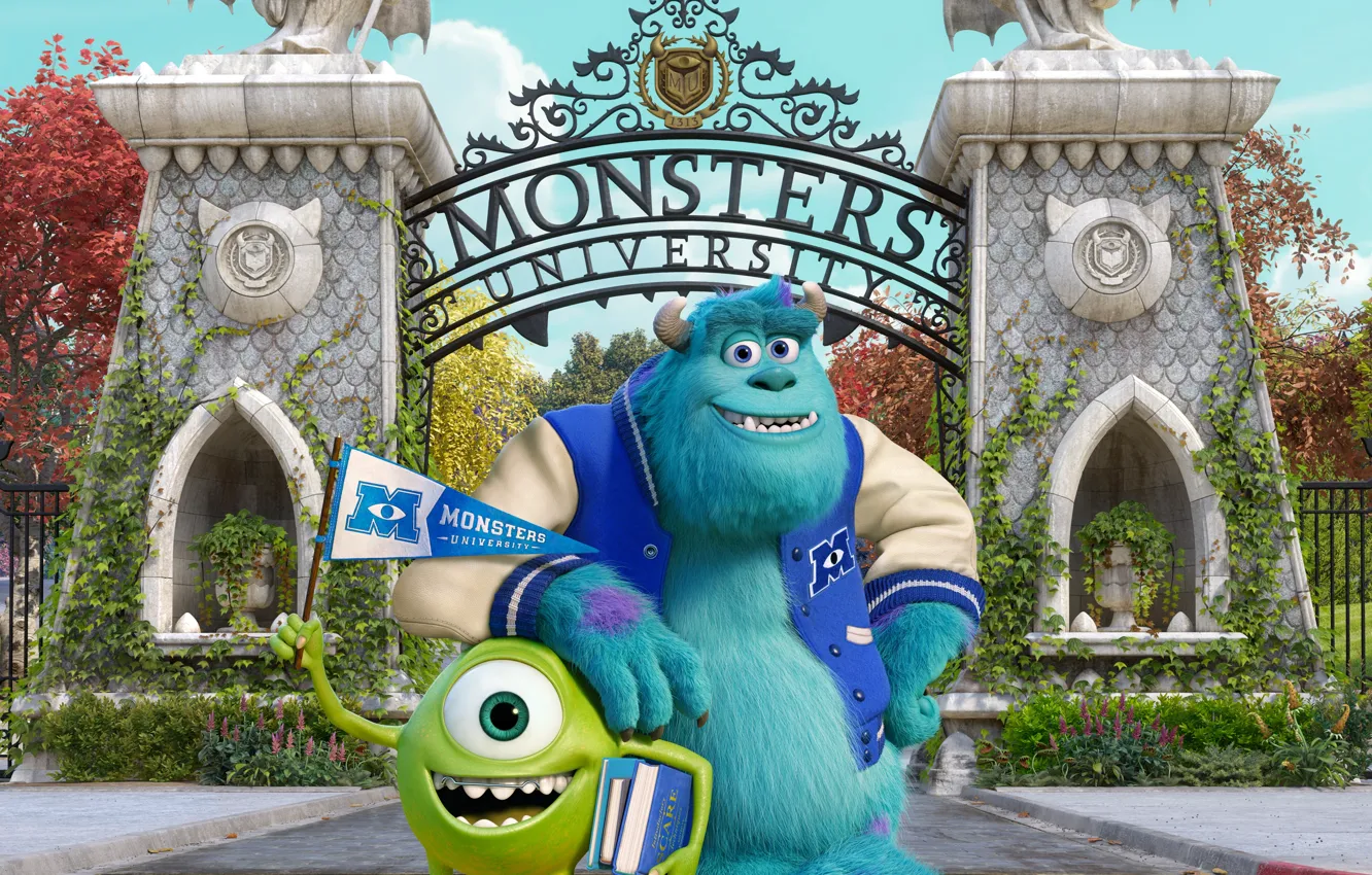 Фото обои мультфильм, ворота, друзья, статуи, студенты, Академия монстров, Monsters University, Inc.