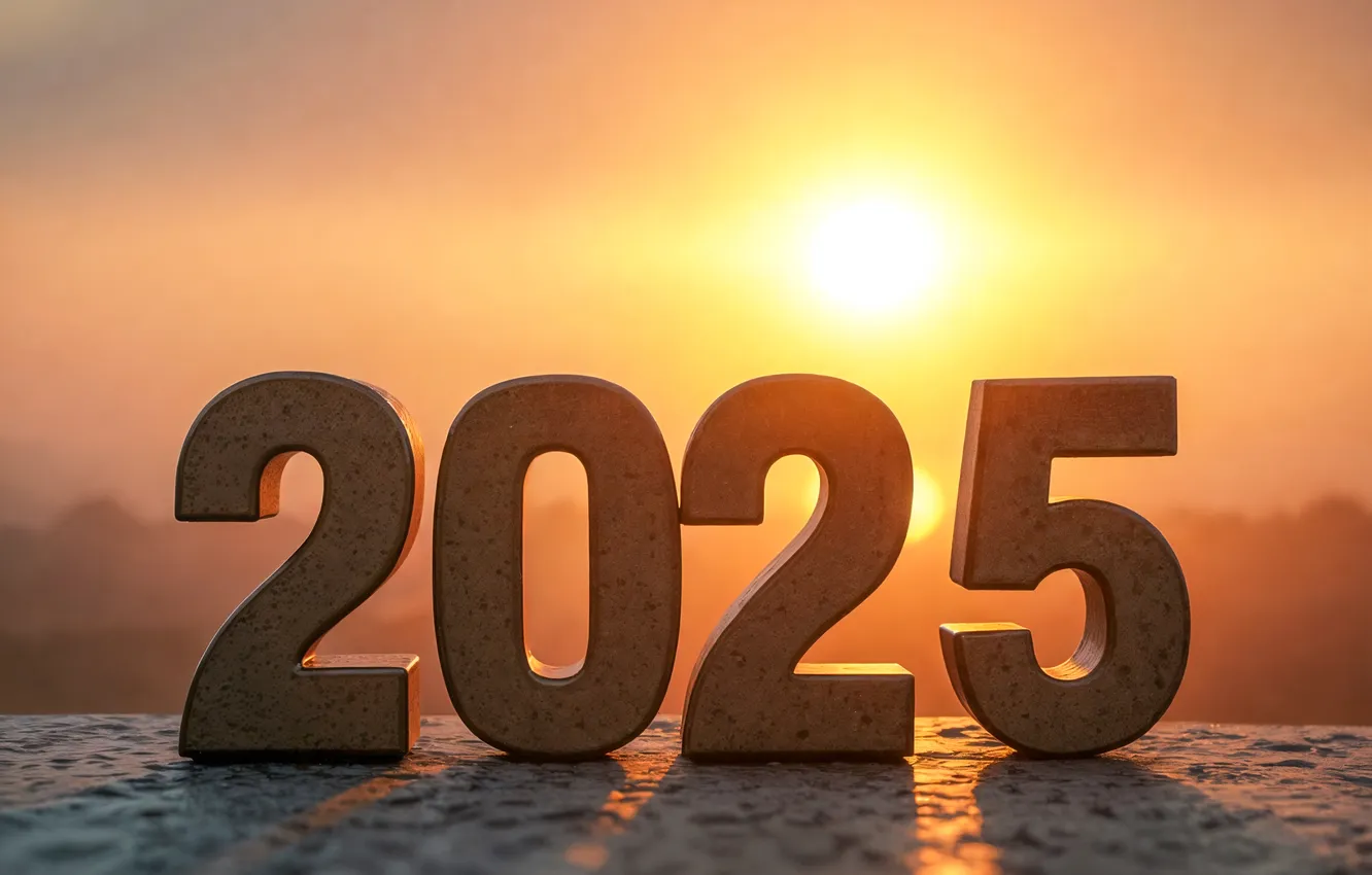 Фото обои солнце, рассвет, утро, цифры, Новый год, дата, 2025, ИИ-арт