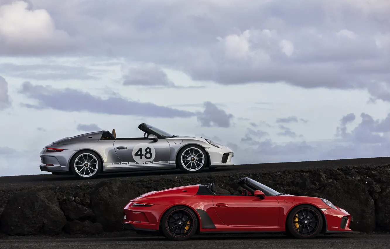 Фото обои красный, 911, Porsche, в профиль, Speedster, 991, 2019, серо-серебристый