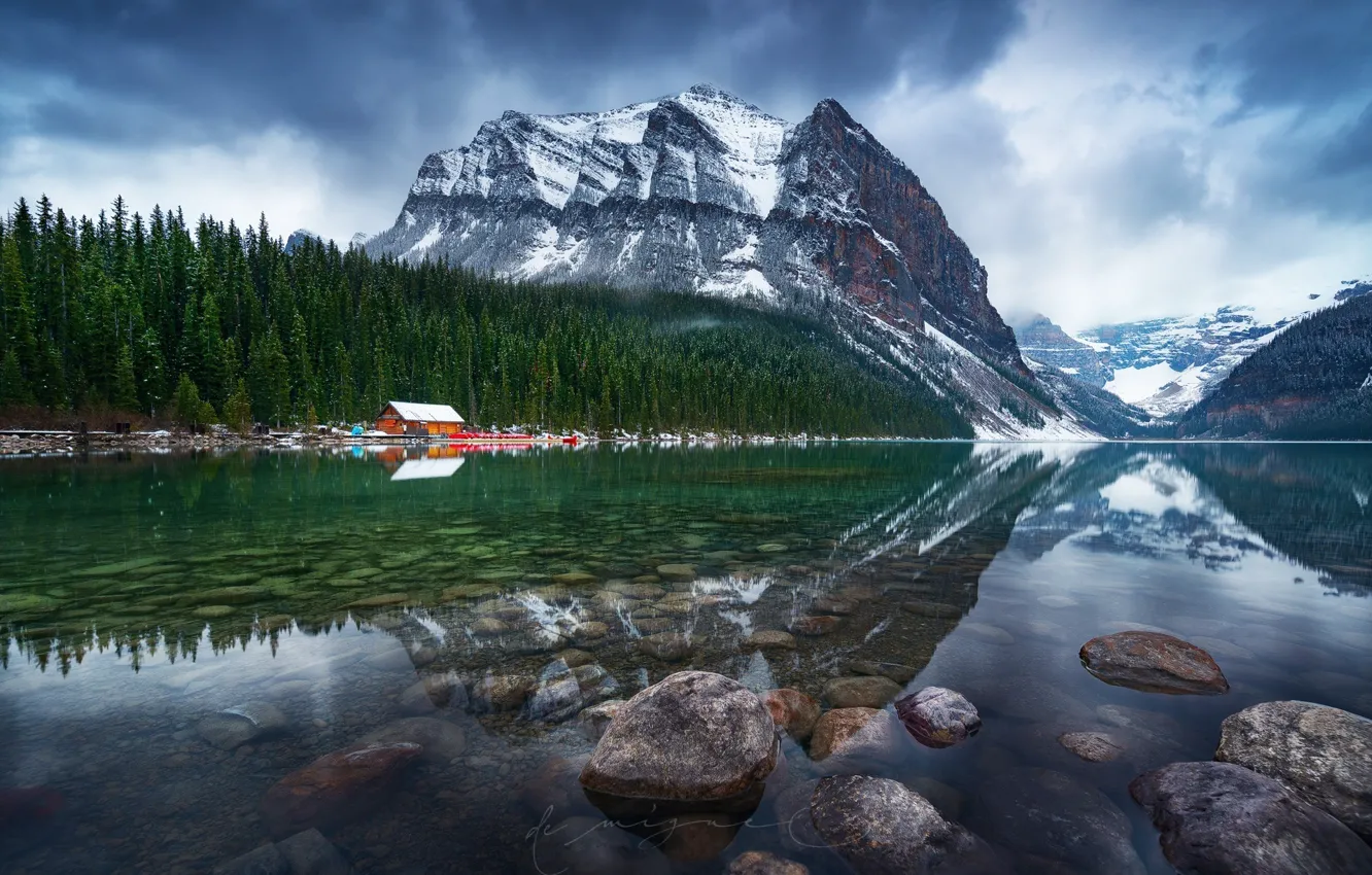 Фото обои зима, снег, горы, природа, озеро, Канада, домик