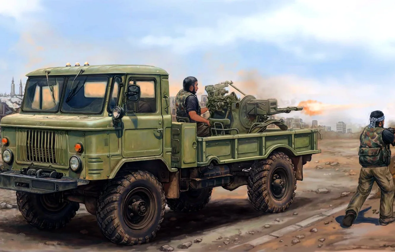 Фото обои рисунок, советская 23-мм спаренная зенитная установка, ЗУ-23-2, ГАЗ-66