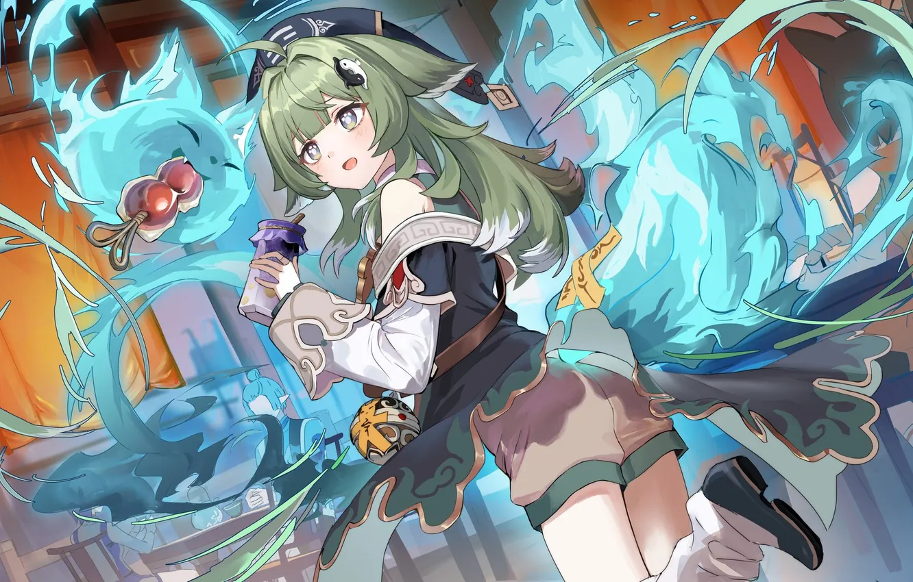 Фото обои девушка, огонь, еда, tail, honkai: star rail, honkai (series), huohuo