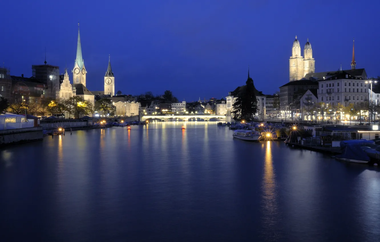 Фото обои город, река, вечер, Швейцария, Zürich