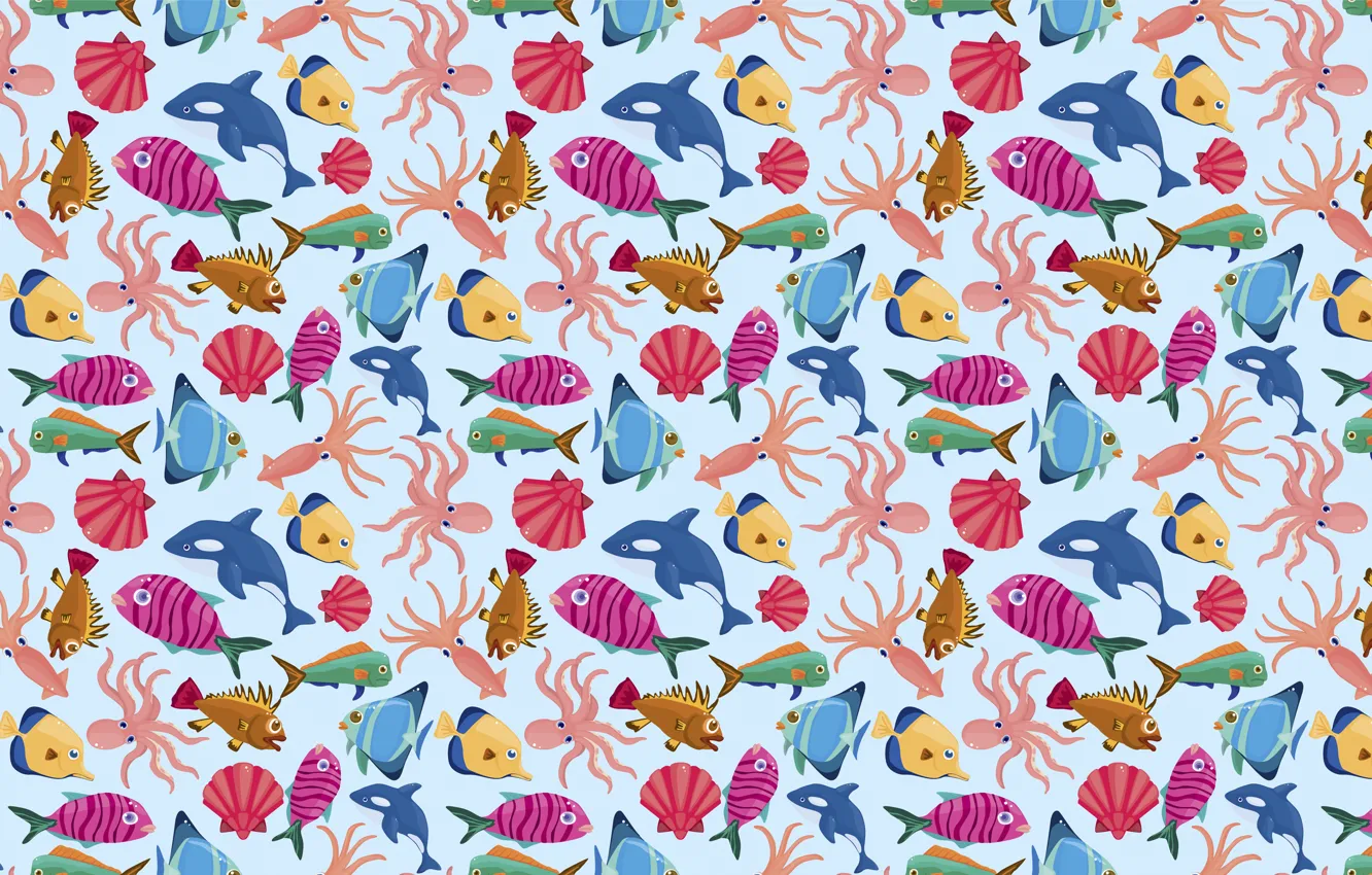Фото обои рыбки, рыбы, текстура, осьминог, касатка, РАКУШКИ, морской фон