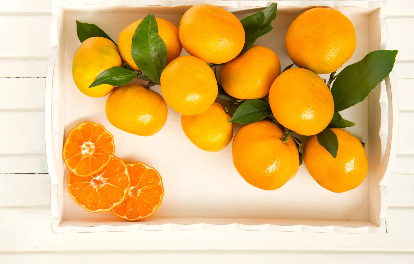Фото обои листья, фрукты, оранжевые, цитрусы, мандарины