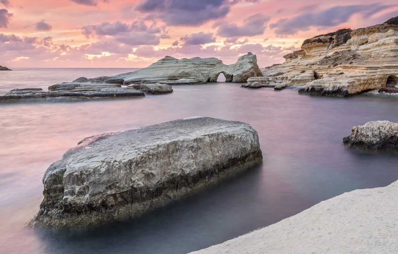 Фото обои sky, sea, landscape, nature, sunset, clouds, rocks, horizon