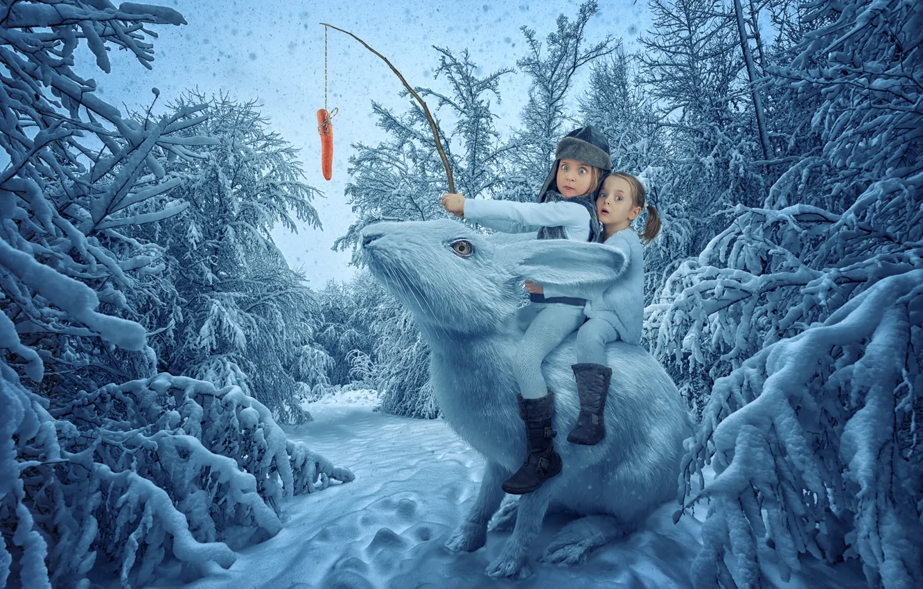 Фото обои дети, девочки, морковка, зимний лес, снежный заяц