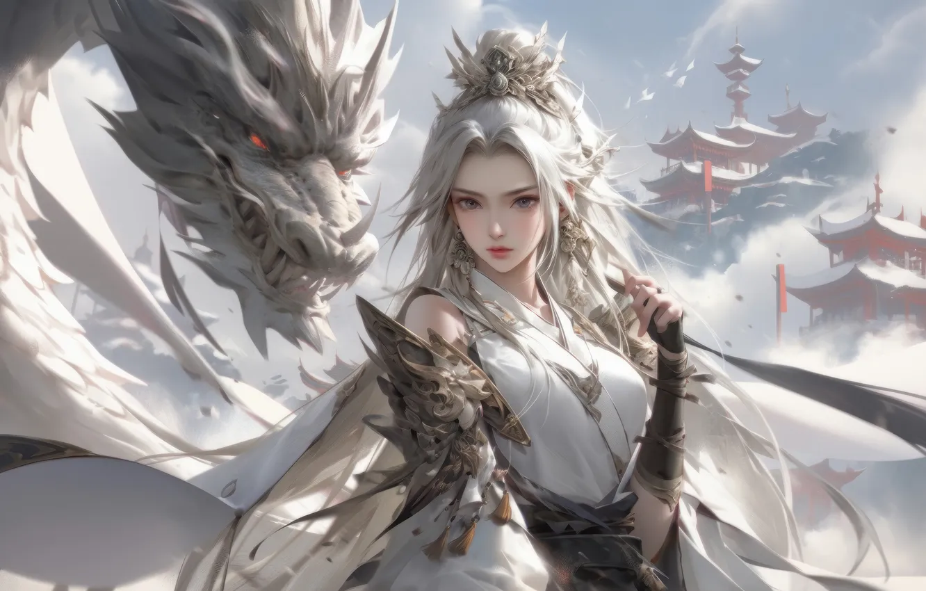 Фото обои Girl, Fantasy, Dragon, BeautIful girl, AI Art, AI Generated