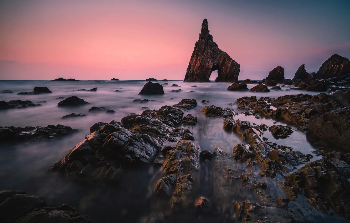 Фото обои море, природа, скала, камни, скалы, берег, вечер, горизонт