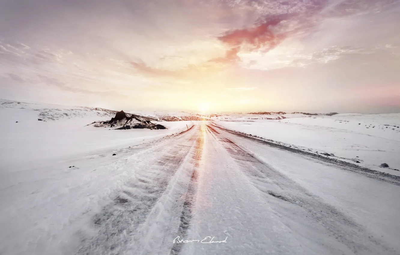 Фото обои зима, дорога, солнце, свет, снег