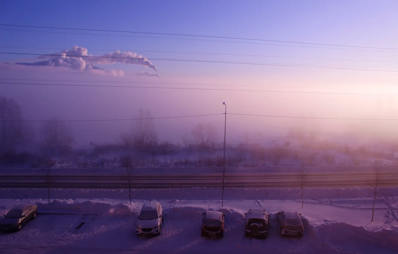 Фото обои зима, дым, Туман, утро