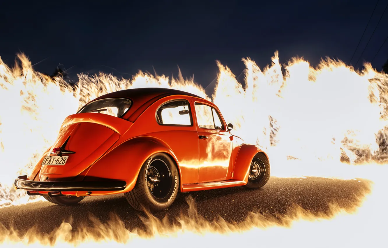 Фото обои огонь, пламя, Volkswagen, оранж, Beetle