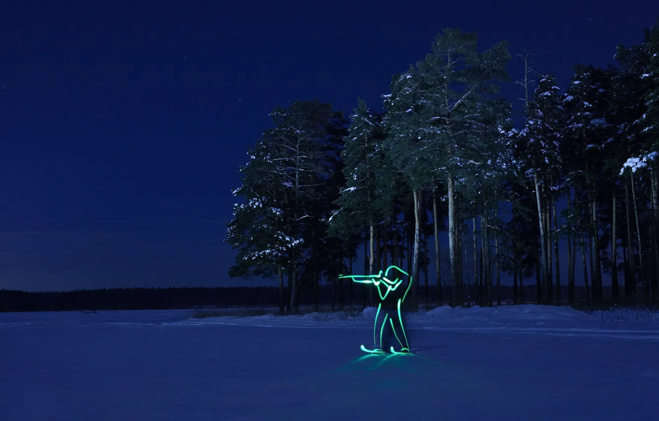 Фото обои зима, лес, ночь, силуэт, олимпиада, биатлон
