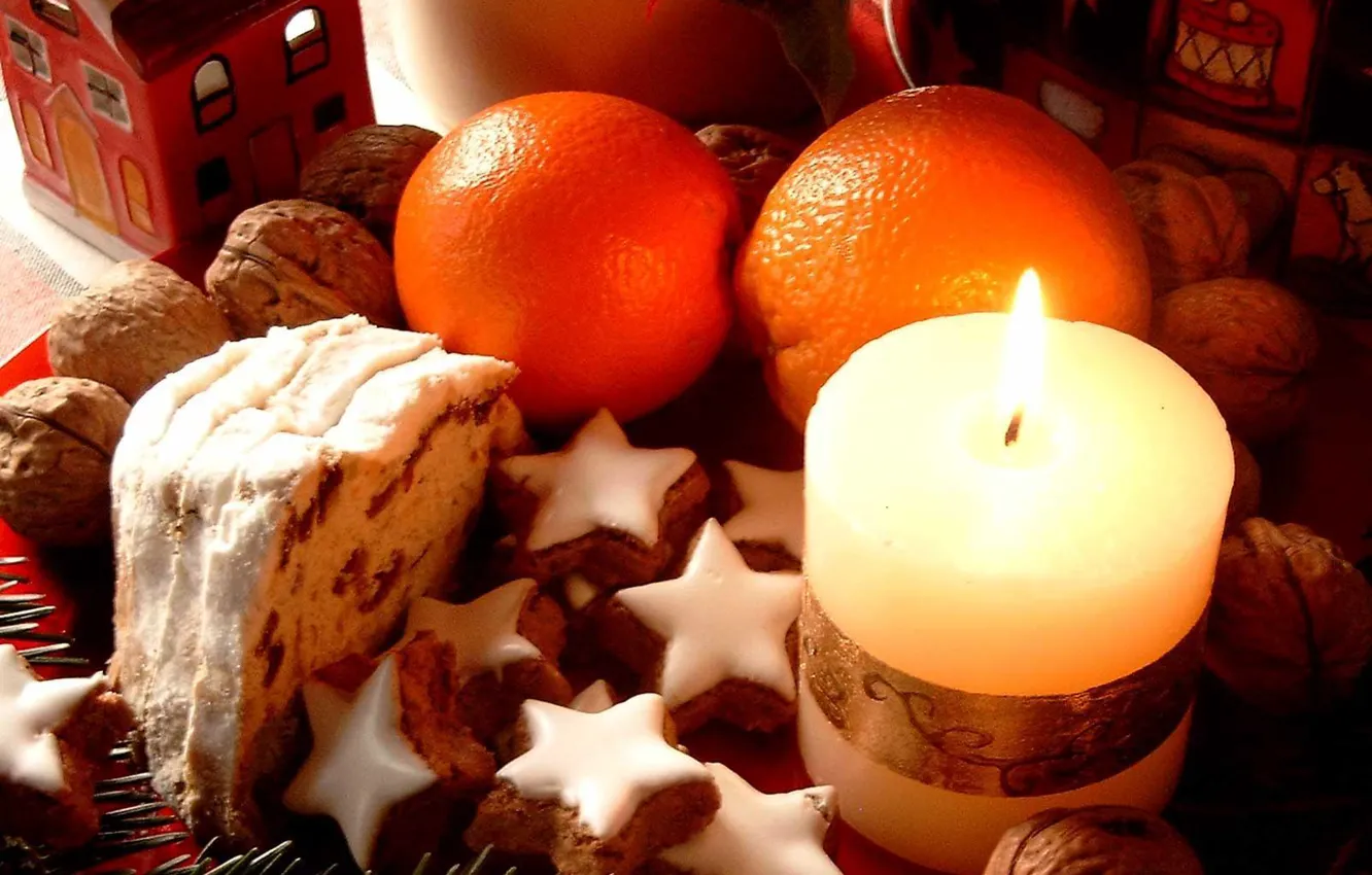 Фото обои свеча, апельсины, печенье