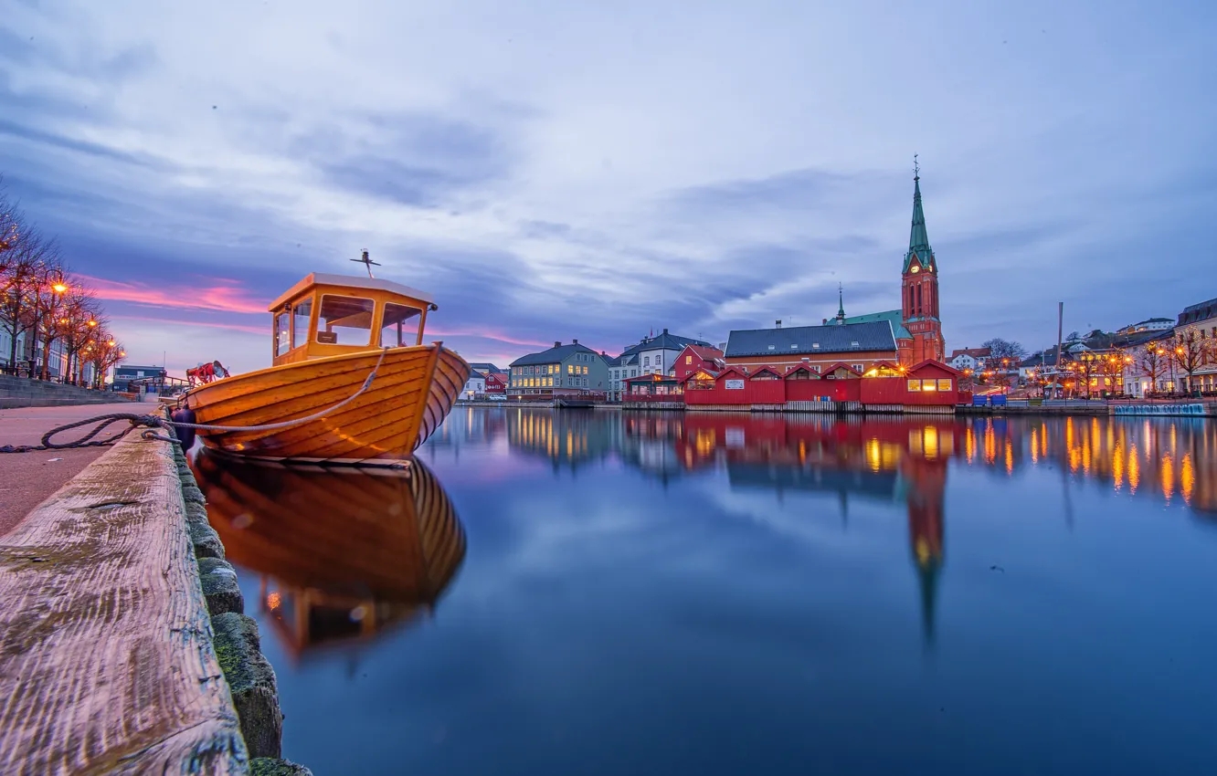 Фото обои огни, лодка, вечер, Норвегия, церковь, Norway, Arendal