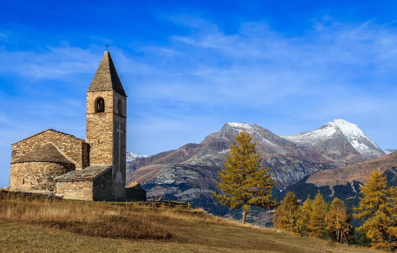 Фото обои горы, Франция, церковь, Савойя, La chapelle Saint-Pierre