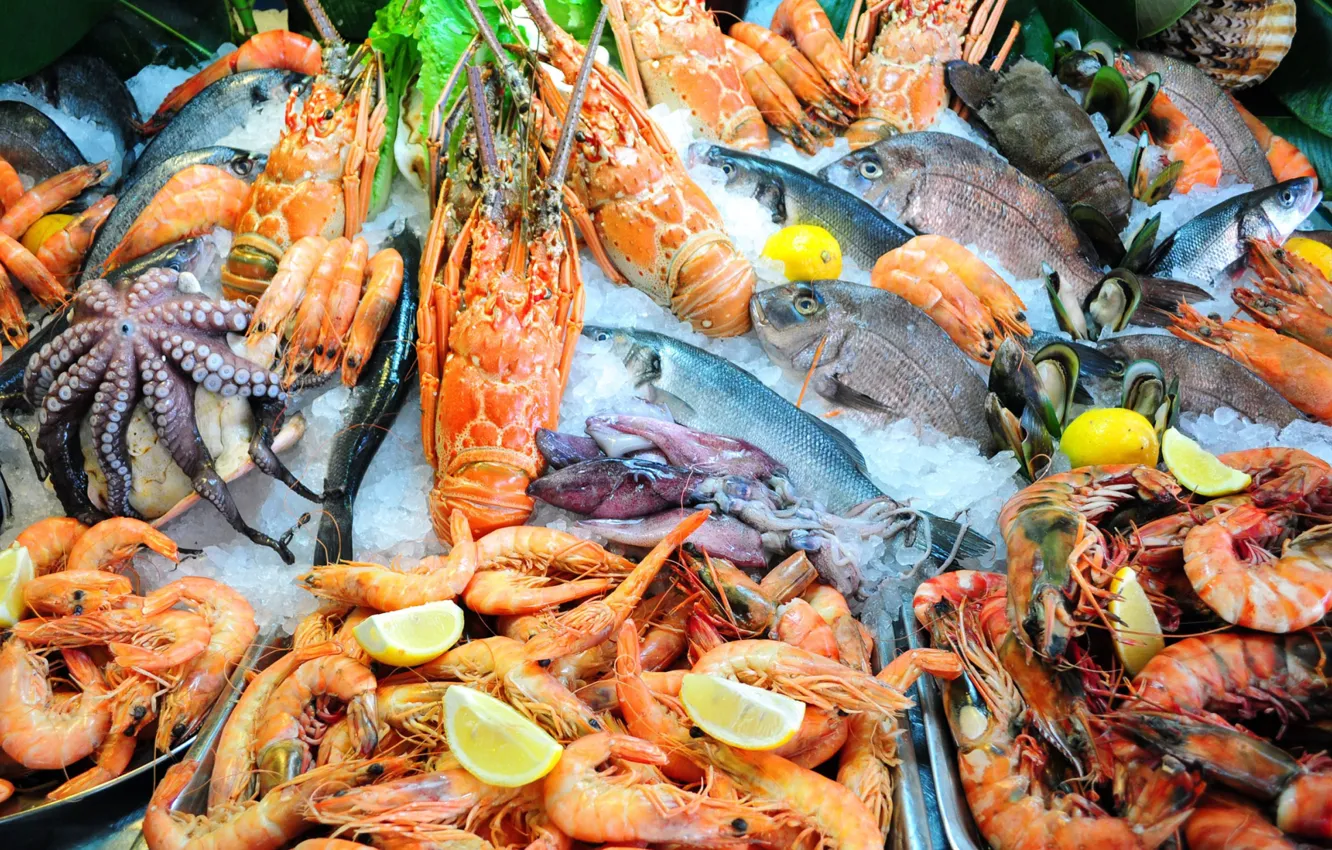Фото обои лимон, рыба, омар, кальмар, креветки, морепродукты