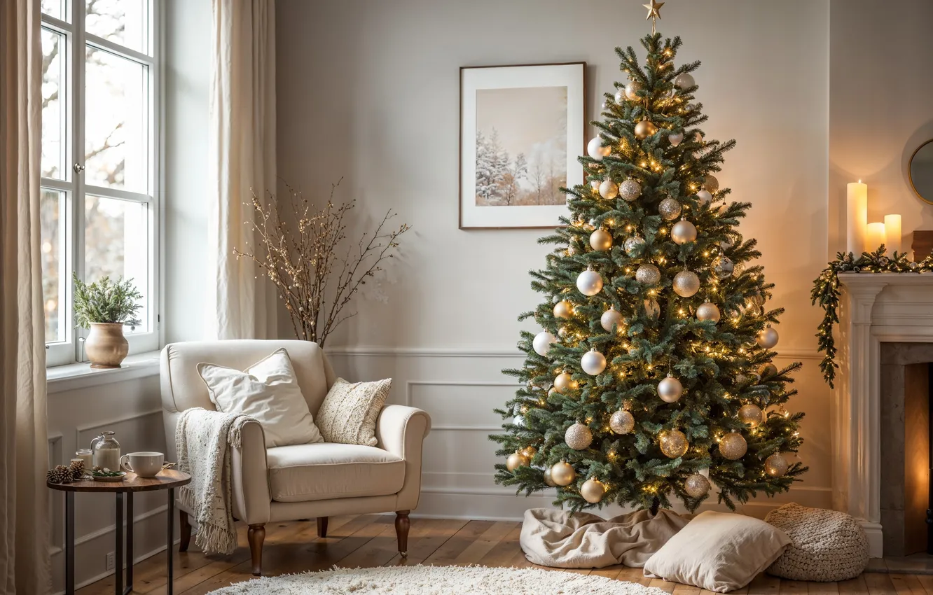Фото обои украшения, комната, елка, интерьер, Рождество, подарки, Новый год, Christmas