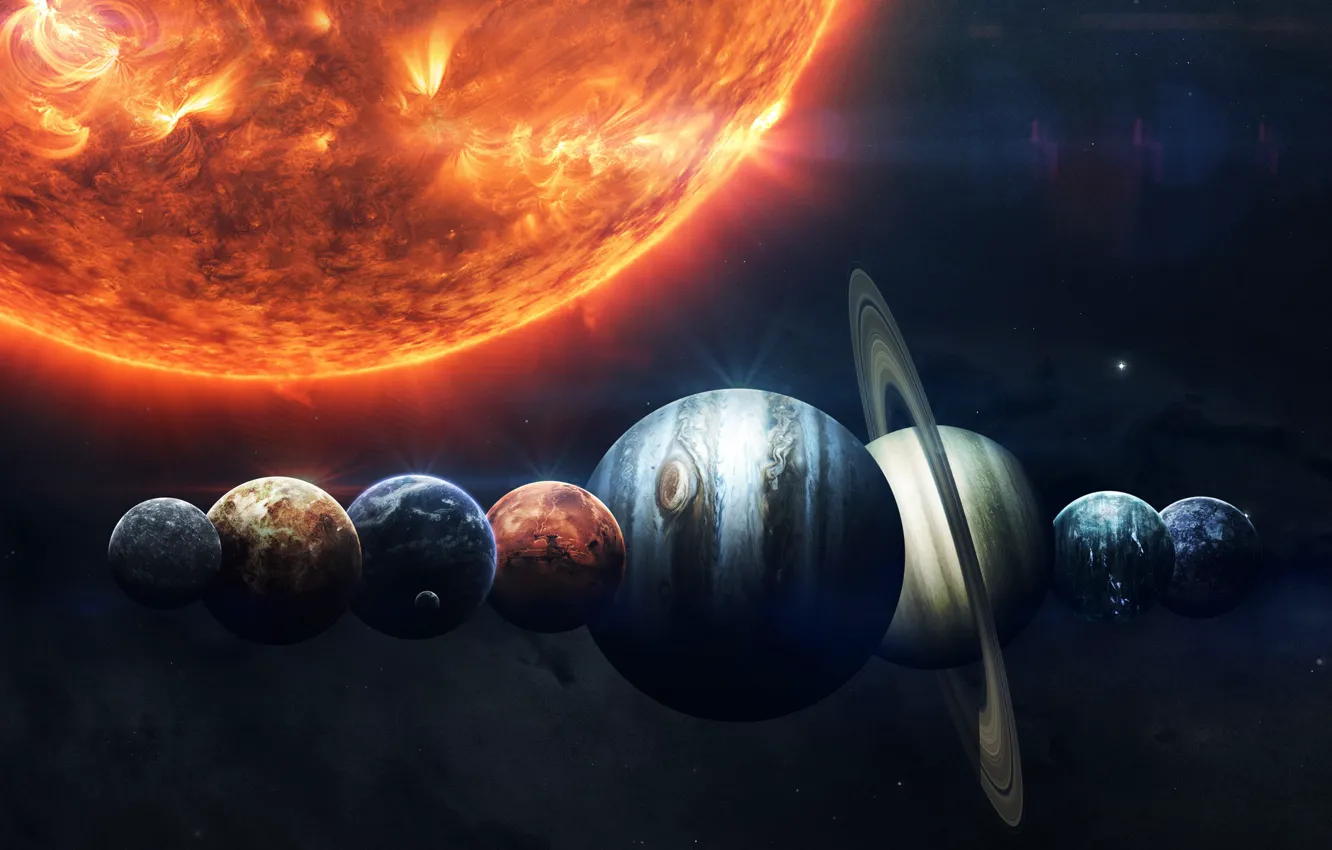 Фото обои Солнце, Сатурн, Луна, Космос, Звезда, Земля, Планеты, Moon