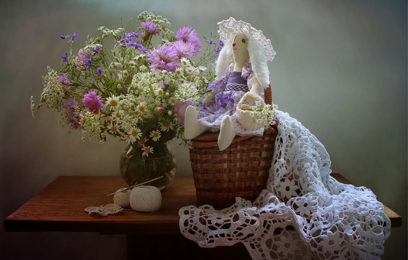 Фото обои лето, цветы, натюрморт, зайка, поздравление, игрушка тильда