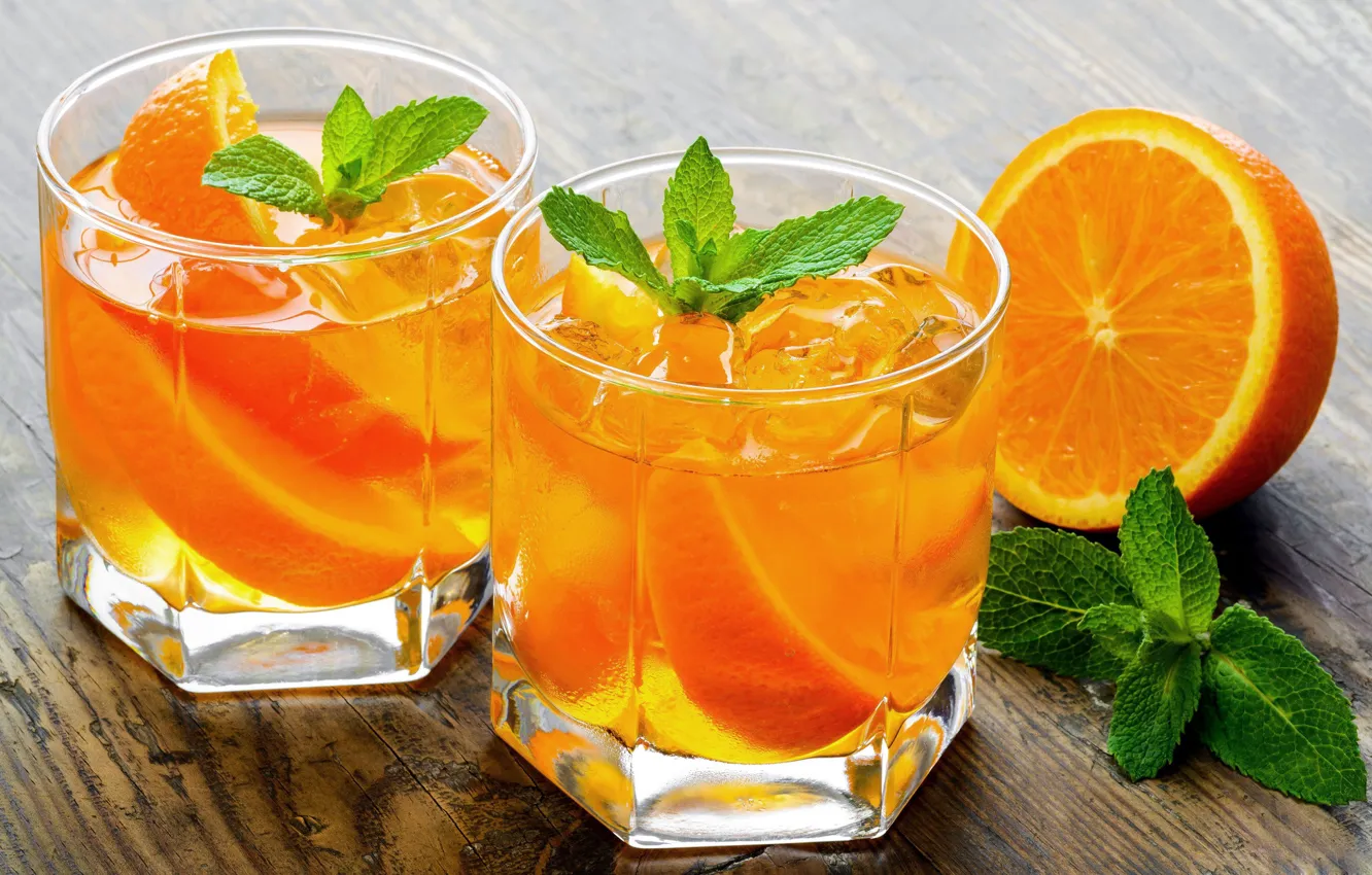 Фото обои лед, апельсин, алкоголь, стаканы, напиток, фрукты