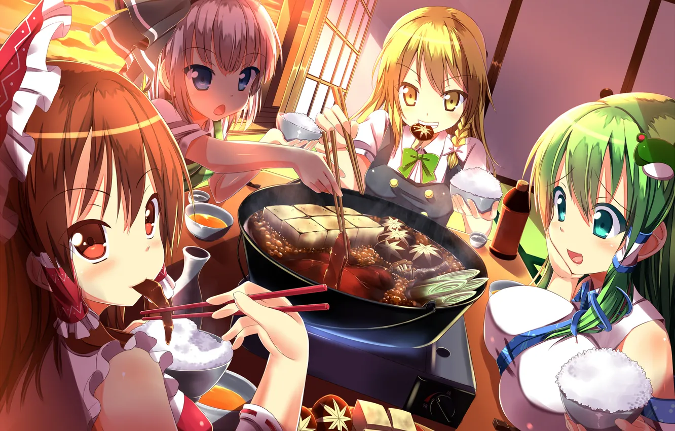 Фото обои девочки, еда, палочки, арт, рис, touhou, kochiya sanae, kirisame marisa